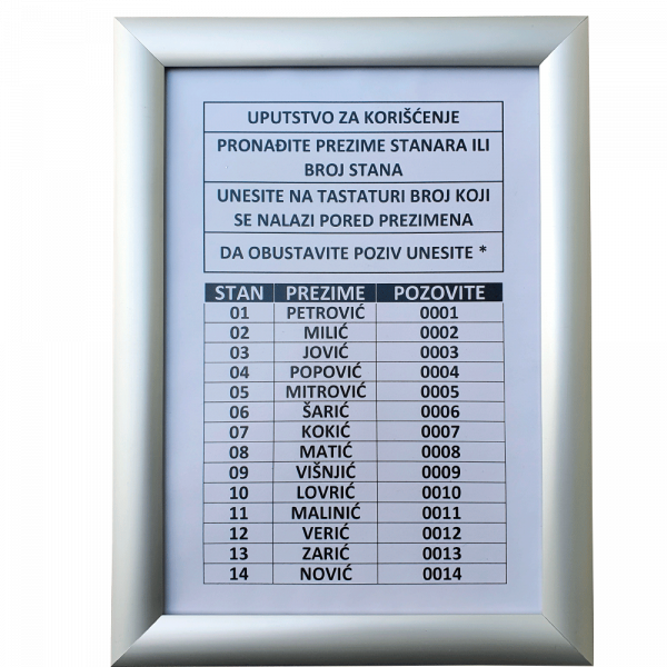 Ram za spisak stanara A4 ALUKL 0875